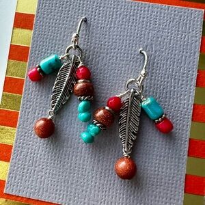 Silver Feather Earrings with Red and Turquoise Beads
